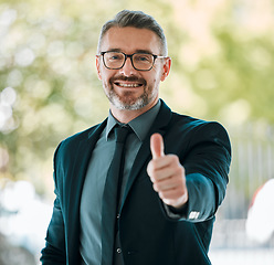 Image showing Thumbs up, business man and portrait outdoor for yes review, thank you or vote of trust. Mature corporate entrepreneur with thumb sign for support, like emoji and success of agreement, feedback or ok