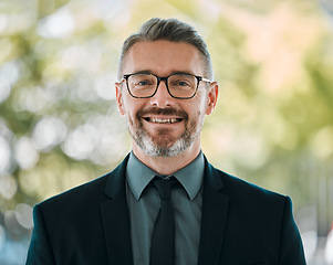 Image showing Mature man, business and portrait outdoor with glasses for professional career and positive attitude. Face of happy entrepreneur or CEO person with pride, confidence and smile for corporate growth