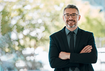 Image showing Mature man, business and arms crossed outdoor for professional career and positive attitude. Portrait of happy entrepreneur or CEO person with pride, confidence or smile for corporate growth or space