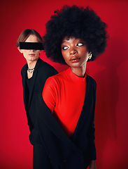 Image showing Fashion, retro or people with style, clothes or creative aesthetic on a red studio background. Black woman, man with cool glasses or vintage outfit with beauty, trendy or friends with artistic design