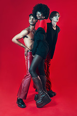 Image showing Fashion, group and portrait with diversity of gay people with creative black woman, man and model on red background. Lgbt, friends and beauty for edgy, gen z or unique aesthetic makeup in studio