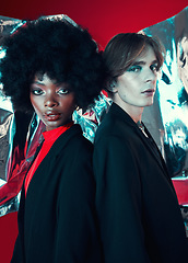 Image showing Retro, portrait and people on a studio background for art, rock or creative aesthetic. Makeup, fashion and a black woman with a man for a punk or vintage couple isolated on a studio backdrop together