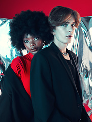 Image showing Beauty, diversity and portrait of people in fashion on red background in studio with creative gen z artist or model. LGBT, style and unique aesthetic and cosmetics black woman and futuristic man