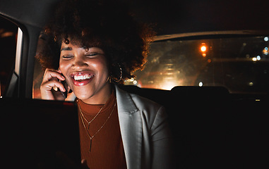 Image showing Taxi, happy and a woman on a phone call with a laptop for communication and contact at night. Smile, car and and professional speaking on a mobile with a computer for reading an email in the dark