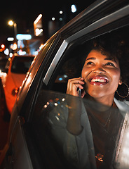 Image showing Black woman, phone call and travel at night in city taxi for communication, conversation or networking. Happy African female person smile, talking or late evening on mobile smartphone in discussion