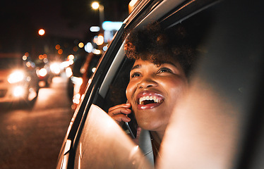 Image showing Travel, car and night, black woman and phone call, city view and communication with drive and smile on face. Transportation, adventure and happiness, technology with conversation on mobile and urban