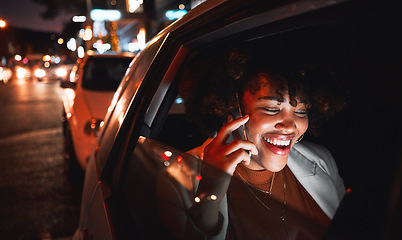 Image showing Happy black woman, phone call and travel at night in city taxi for communication, conversation or networking. African female person smile, talking or late evening on mobile smartphone in discussion