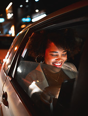 Image showing Car, woman and tablet at night with travel and taxi with a smile and social media networking. Motor window, happy and message with website and internet app scroll with transportation in the city