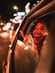 Image showing Happy black woman, phone call and car at night in city taxi, communication or networking. Excited African female person smile in conversation or late evening discussion on mobile smartphone in travel