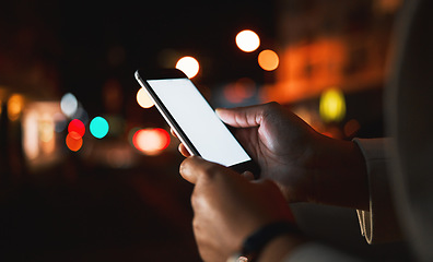 Image showing Person, mockup and hand with a cellphone, night and social media with chatting, connection and email notification. Dark, connection or outdoor with closeup, smartphone or mobile app with woman or sms