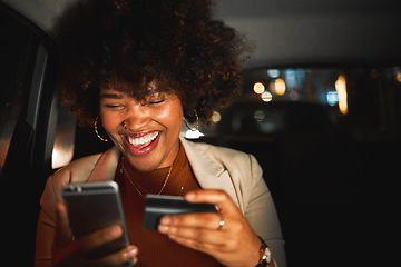 Image showing Black woman, smartphone and credit card, travel and online shopping in car at night, happiness and payment. Smile, e commerce and internet banking, app and transportation with account and fintech