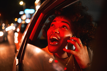 Image showing Happy black woman, phone call and car at night in city for communication, conversation or outdoor networking. African female person smile in travel or late evening on mobile smartphone in town street