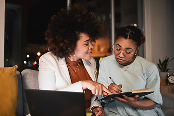 Image showing Night, working and writing ideas on notebook, laptop or intern with project, research and teamwork with African women. Employees, together and conversation for collaboration or brainstorming startup