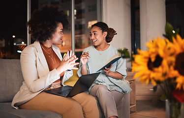 Image showing Business, planning and women with laptop, notebook and creative idea, project or working at night together with research. Teamwork, conversation and collaboration in Atlanta office or workplace