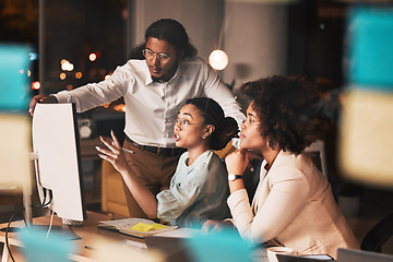 Image showing Meeting, late night and business people at computer with problem solving, ideas and planning startup project together. Teamwork, overtime and office, team brainstorming at agency with man and women.