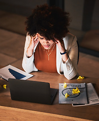 Image showing Business woman, stress and headache on laptop of project proposal, report and planning, research or job deadline at night. African person, worker or editing with pain, anxiety or tired on computer