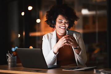 Image showing African, business woman and reading with phone at night working in office with social media, meme or funny email. Contact, communication and happy employee online in Kenya networking with cellphone