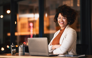 Image showing Business woman, face and arms crossed on laptop for night planning, marketing research and online management. Professional african person or editor portrait on computer with career mindset and bokeh