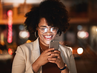 Image showing Reading, phone and African woman at night working in office with social media, meme or funny email or communication. Digital marketing, strategy and happy employee with online networking on cellphone