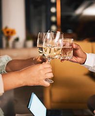 Image showing Toast, wine and glasses with hands and business people at night, celebration of deadline target with collaboration. Alcohol drink, party and winning, cheers and overtime with working late and meeting