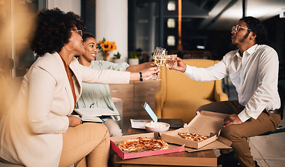 Image showing Night, cheers and business people with celebration, achievement and food with happiness, deal and party. Teamwork, staff and group with a toast, pizza and takeaways with solidarity, dark and success