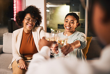 Image showing Night, cheers and business people with celebration, success and alcohol with cooperation, drink and women. Teamwork, staff and group with a toast, support and wine with solidarity, dark and smile