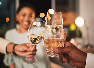 Image showing Celebration, toast and people with drink in hands in congratulations, cheers and support achievement at party. Drinking, alcohol and night with friends and cheering with champagne, wine or whiskey