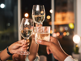 Image showing Cheers, wine and glasses with hands and business people at night, celebration of deadline target with collaboration. Alcohol drink, party and winning, toast and overtime with working late and meeting