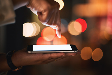 Image showing Hand, phone and fingerprint access with a business person outdoor in the city closeup at night. Cybersecurity, password and biometrics with an employee holding a mobile for a social media dashboard