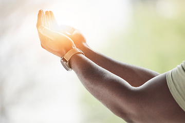 Image showing Prayer, light or hands of man for worship, faith and belief for support, help and hope in Christian religion. Praying, closeup or person in meditation for spiritual healing, mercy or trust for praise