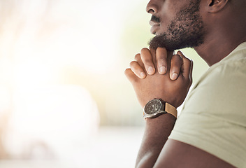 Image showing Prayer, religion and hands of man for worship, faith and belief for support, help and hope. Mockup space, praying and closeup of person in home for meditation, spiritual healing and trust for praise