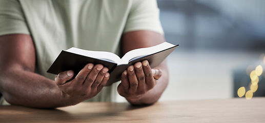 Image showing Bible, reading and man hands with book learning for religion study at home for worship and spiritual support. Faith, christian knowledge and person with gratitude, scripture education and guidance