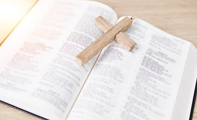 Image showing Bible, cross and religion, Christian and worship, faith and God with studying scripture closeup. Jesus Christ, prayer and spiritual, holy book and praise with crucifix for healing and gospel