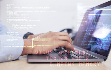 Image showing Coding, laptop with virus and hands, cybersecurity and programmer typing, person and software update. Malware safety, information technology and code with upgrade, ransomware and programming overlay