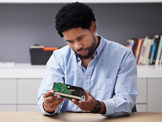 Image showing Black man, check circuit board and computer hardware with technician in office, maintenance and electronics upgrade. Inspection, motherboard and CPU, engineering and electric repair with technology