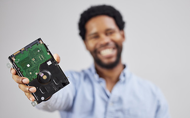 Image showing Black man, circuit board in hand and computer hardware, technician with maintenance and electronics upgrade. Motherboard, closeup and CPU, engineering and electric repair with technology and digital