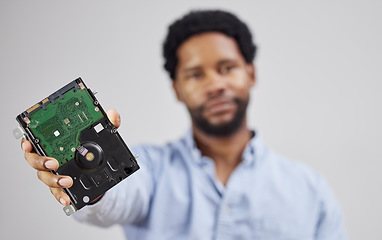 Image showing Motherboard in hand, black man and computer hardware, and technician with maintenance and electronics upgrade. Closeup, circuit board and CPU, engineering and electric repair with technology