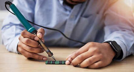 Image showing Hands, soldering and circuit board, computer hardware fix with technician person, maintenance and electronics upgrade. Tools, motherboard and CPU, engineering and electric repair with technology