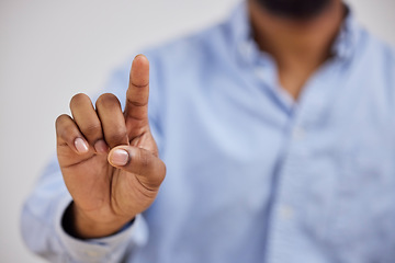 Image showing Hand, fingerprint or biometrics with a person on an interface to select an option for virtual reality. Finger, future and safe with ai cyber security to access the metaverse closeup as an online user