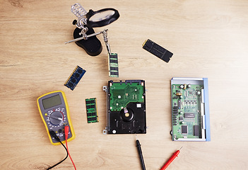 Image showing Motherboard, engineering and electrical hardware for maintenance, repair or fixing with equipment. IT, circuit developer and top view of a dashboard microchip with tools for an update on a wood table