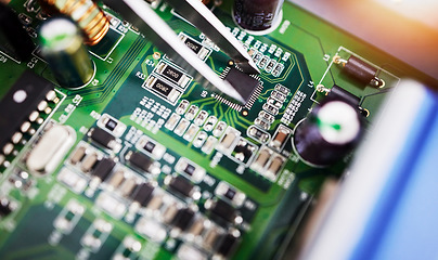 Image showing Motherboard, microchip and engineering closeup with electric maintenance of circuit board. Developer, IT and dashboard for electrical hardware update and technician tools for information technology