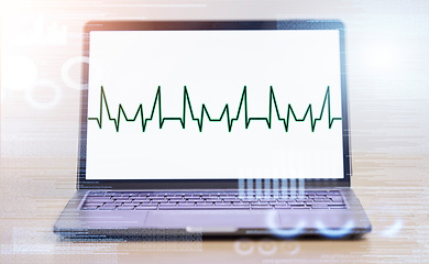 Image showing Laptop, software and screen, code and EKG, information technology with heartbeat and cybersecurity programming. Dashboard, update and tech health, safety and coding, graph and data protection overlay