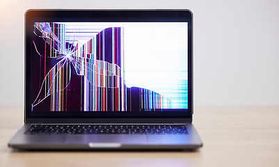 Image showing Screen crack, online glitch and laptop problem with error, mistake and system fault with tech break. Isolated, computer and desktop failure from monitor damage and software crash with broken display