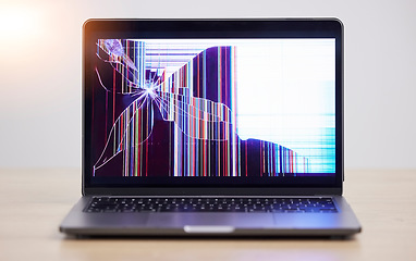 Image showing Screen crack, glitch and laptop problem with error, mistake and system warning with tech break. Isolated, computer and desktop failure from monitor damage and software crash with broken display