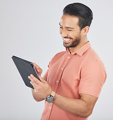 Image showing Search, tablet and happy man entrepreneur with technology on the internet isolated in a studio white background. Online, planning and young person or employee working on connection or networking