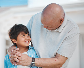 Image showing Hug, elderly man and boy child with smile, love and care for quality time and relax outside family home. Bond, grandparent and senior embrace young kid with affection for happiness and weekend break