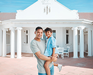 Image showing Happy, new home and portrait of father and child standing outdoor of their property or real estate. Smile, love and young dad with his boy kid standing outdoor building or modern house in backyard.