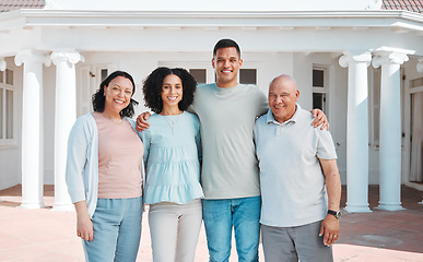 Image showing Happy, new home and portrait of generations of family standing outdoor of their property or real estate. Smile, love and young man and woman homeowners with their senior parents by a modern house.