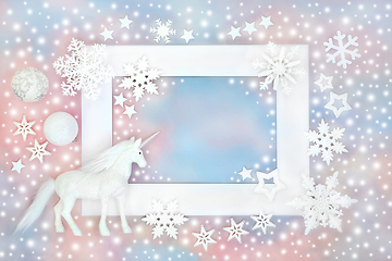 Image showing Christmas Unicorn Snowflakes and White Decorations Background 