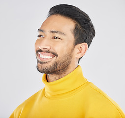 Image showing Man, smile and thinking with future and dream, inspiration and memory isolated on white background. Headshot, ideas and happiness, thoughtful and positivity with brainstorming and mission in a studio